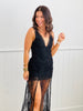 Black V-Neck Bodysuit & Sheer Lace Dress Set (Reg.)