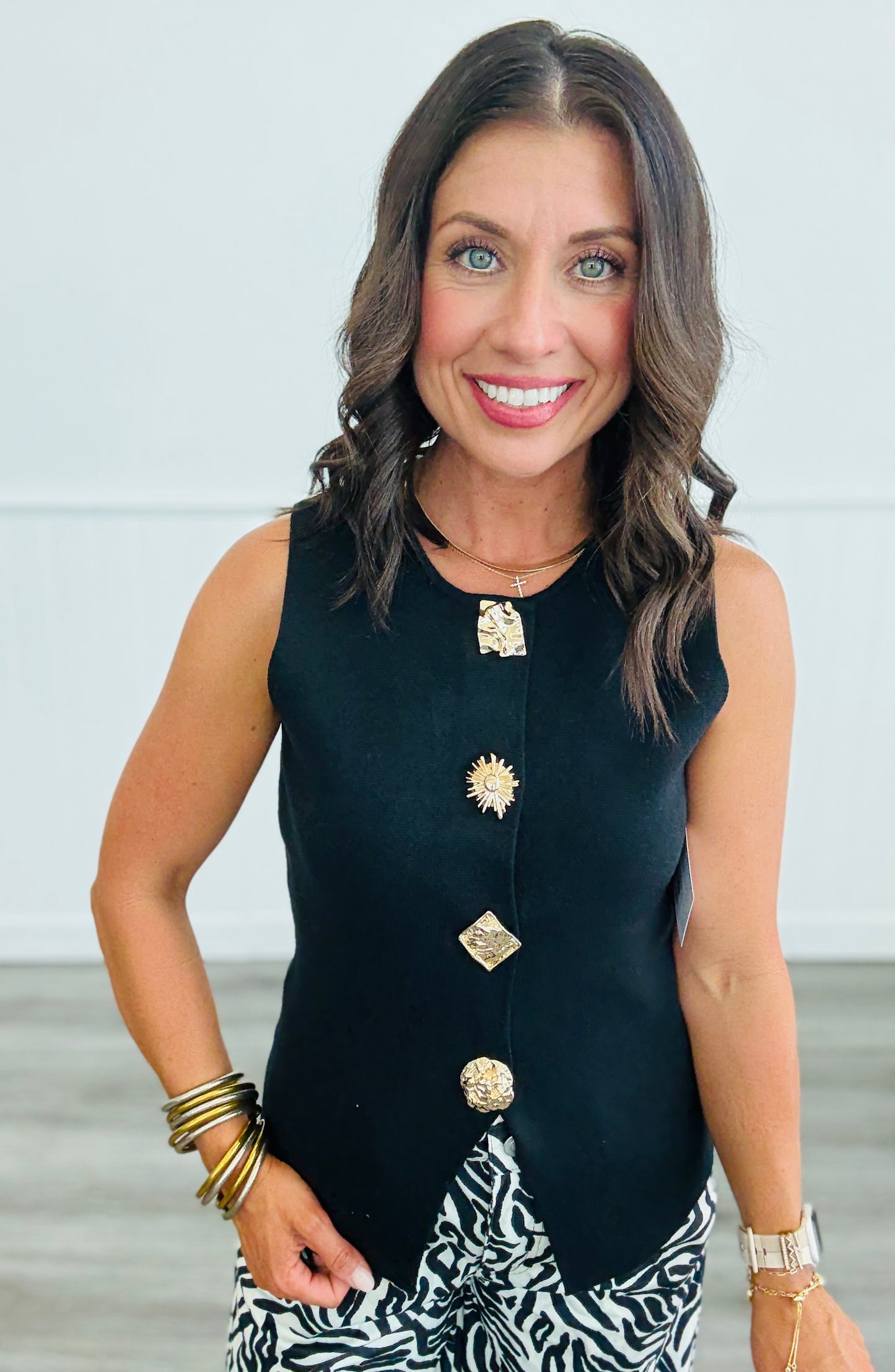 Multi Gold Detail Button Up Sleeveless Top (Reg.) - 3 Colors