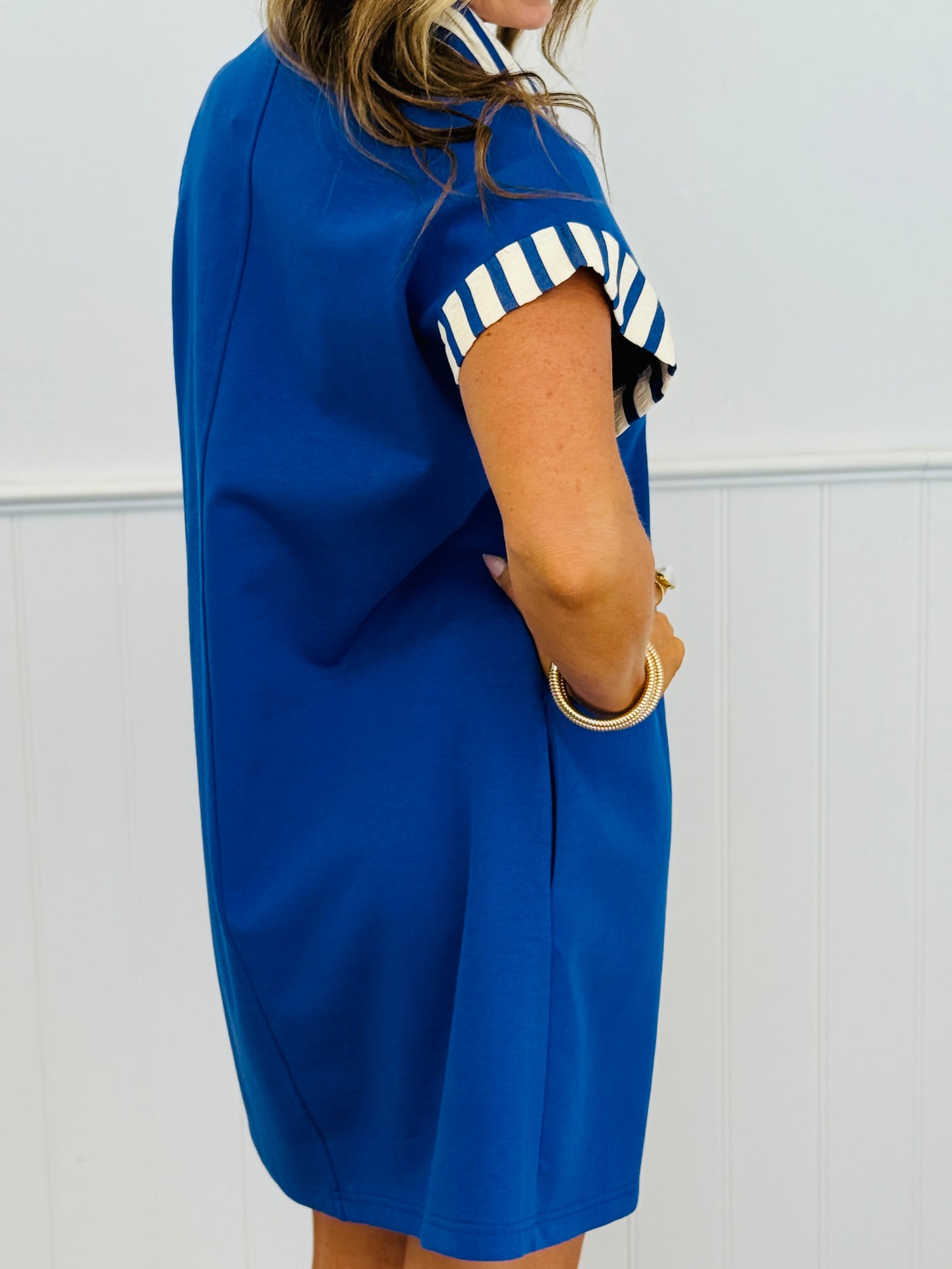 Royal Blue Stripe Trim Button Down Mini Dress (Reg. and Plus)