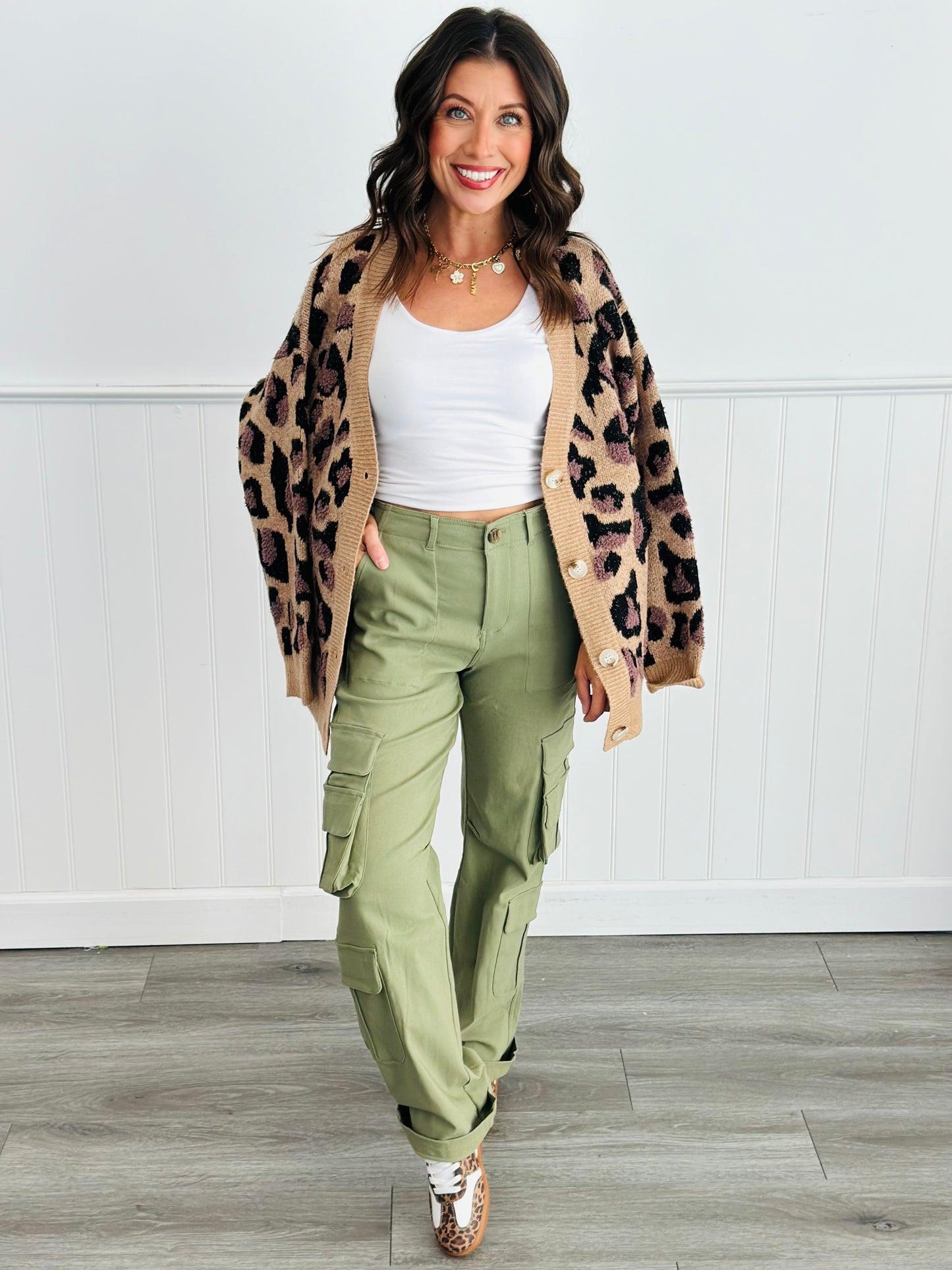 Camel Leopard Button Up Sweater Cardigan (Reg)