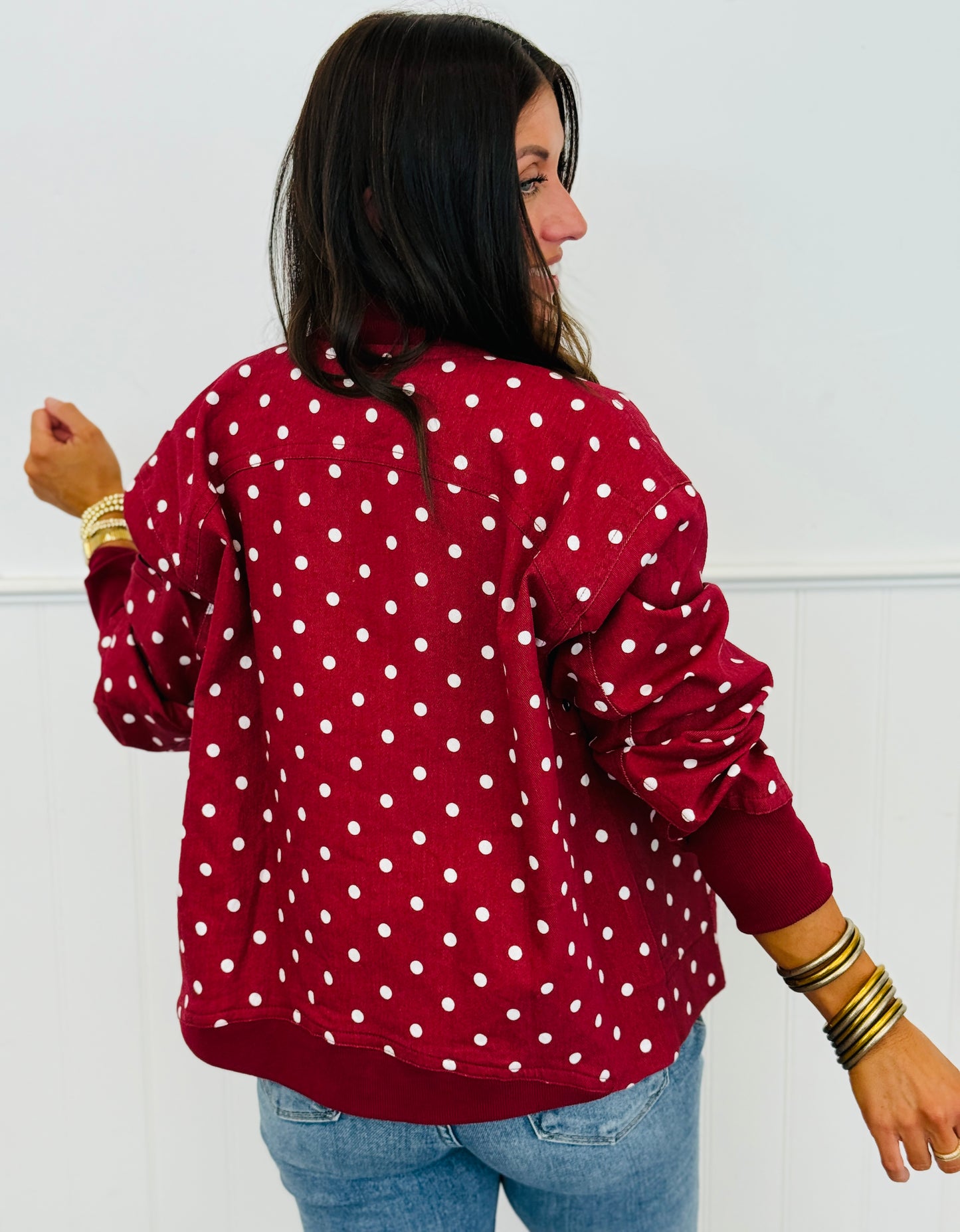 Burgundy Polka Dot Zip Up Jacket (Reg. and Plus)
