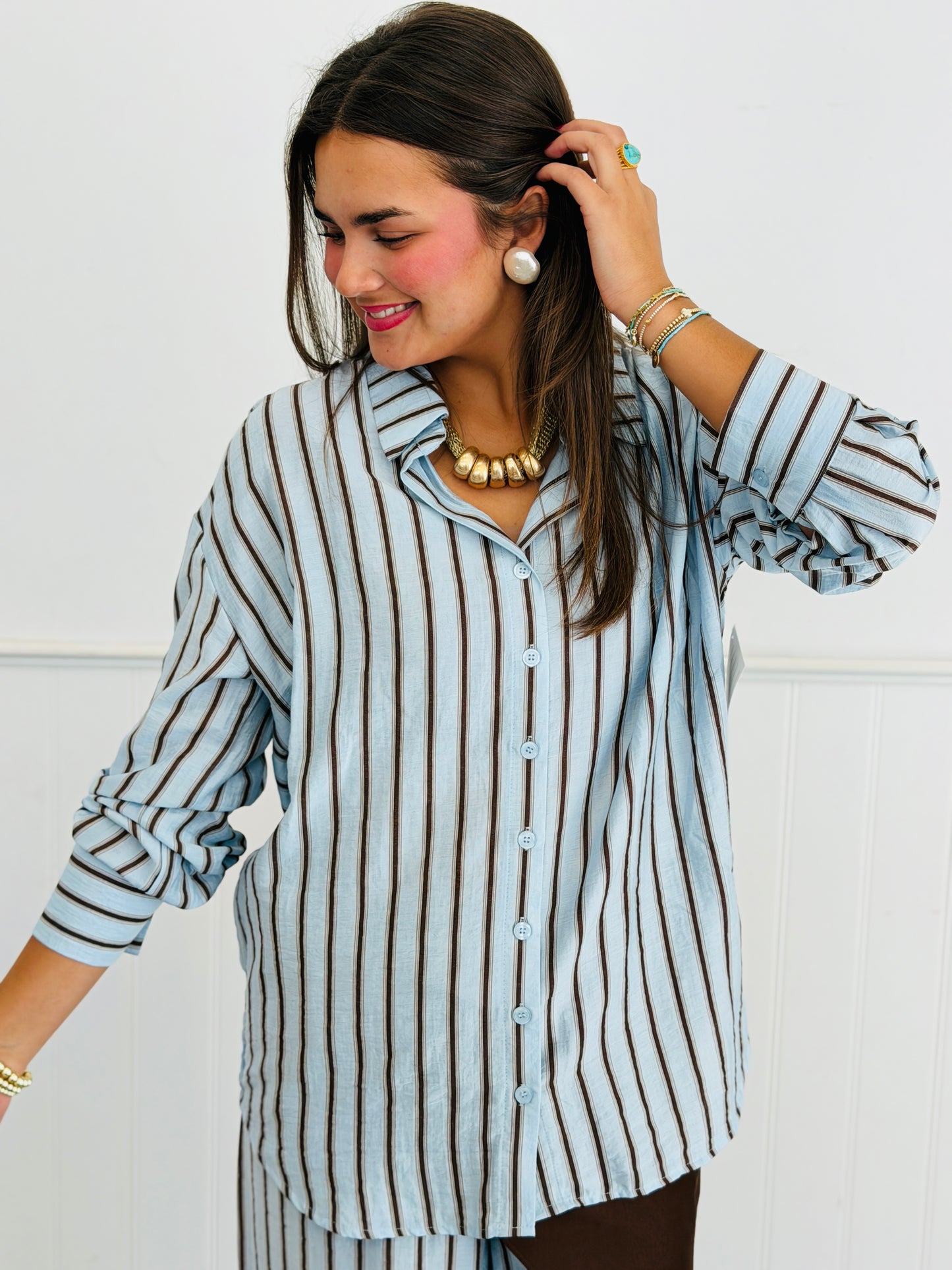 Blue Stripe Button Down Shirt, Pant & Scarf Set (Reg.)