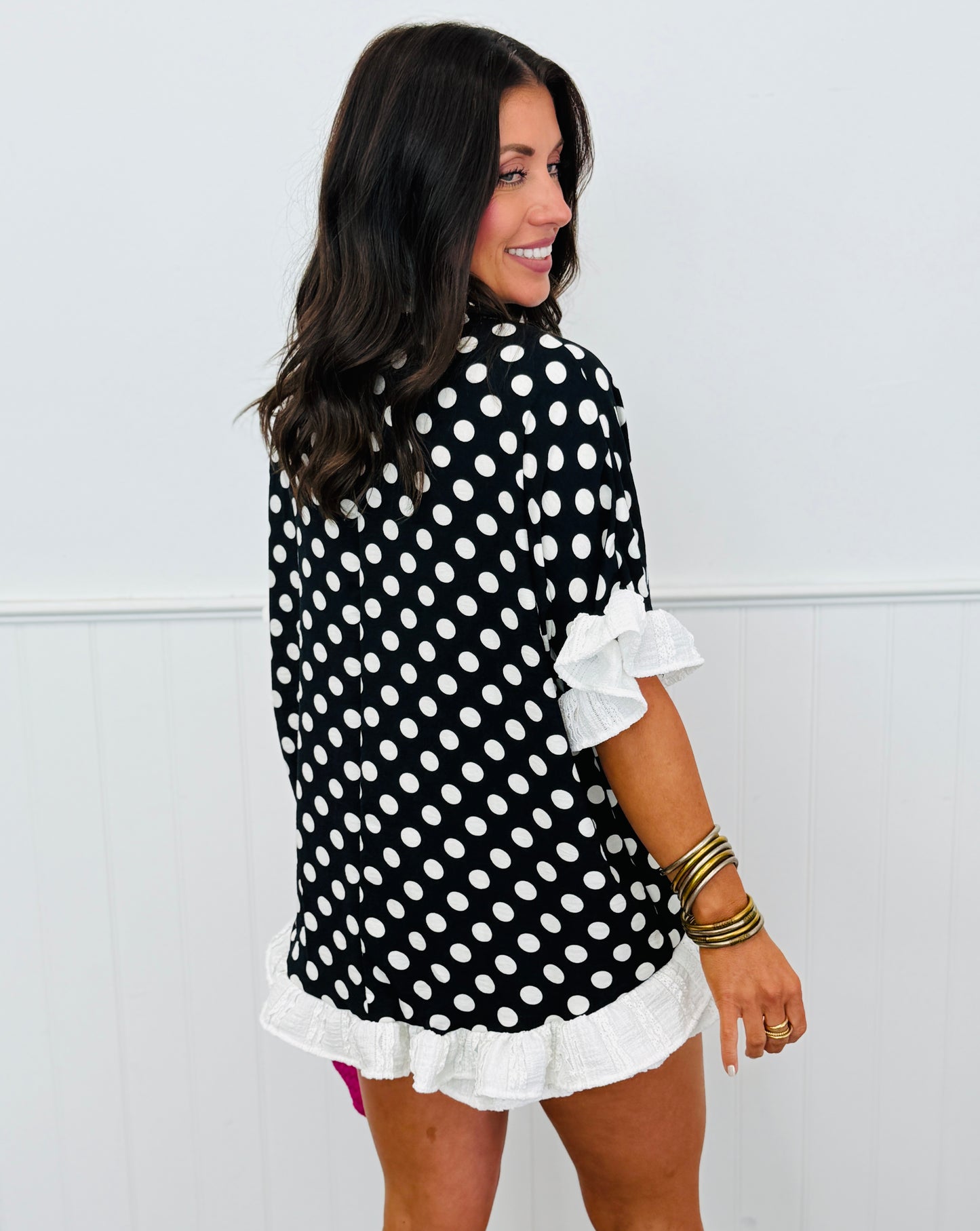 Black Polka Dot Ruffle Hem Blouse (Reg. and Plus) - 2 Colors
