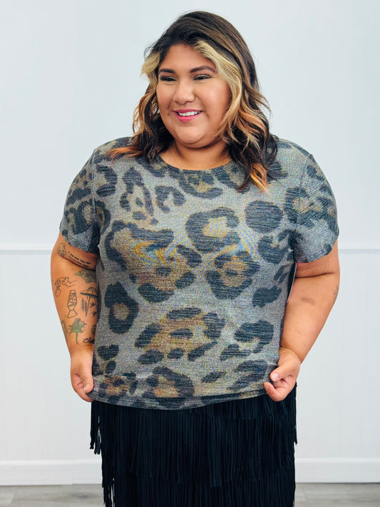 Leopard Subtly Sparkly Short Sleeve Blouse (Reg. and Plus)