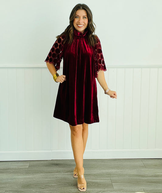 Wine Velvet High Neck Dress (Reg.)