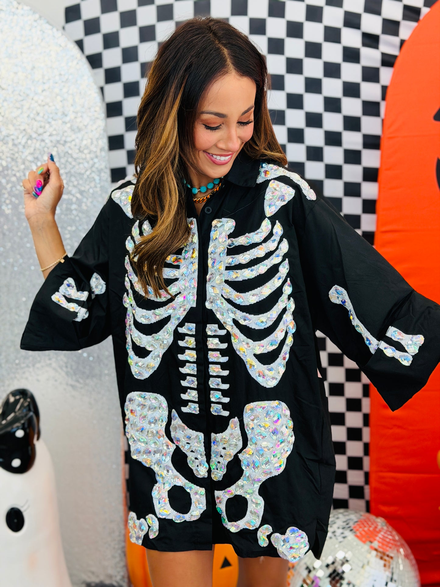 Queen Of Sparkles Black Iridescent Jeweled Skeleton Tunic Top (Reg. and Plus)