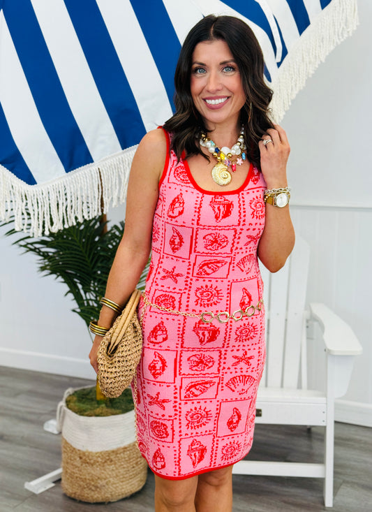Pink/Red Seashell Themed Knit Mini Dress (Reg & Plus)
