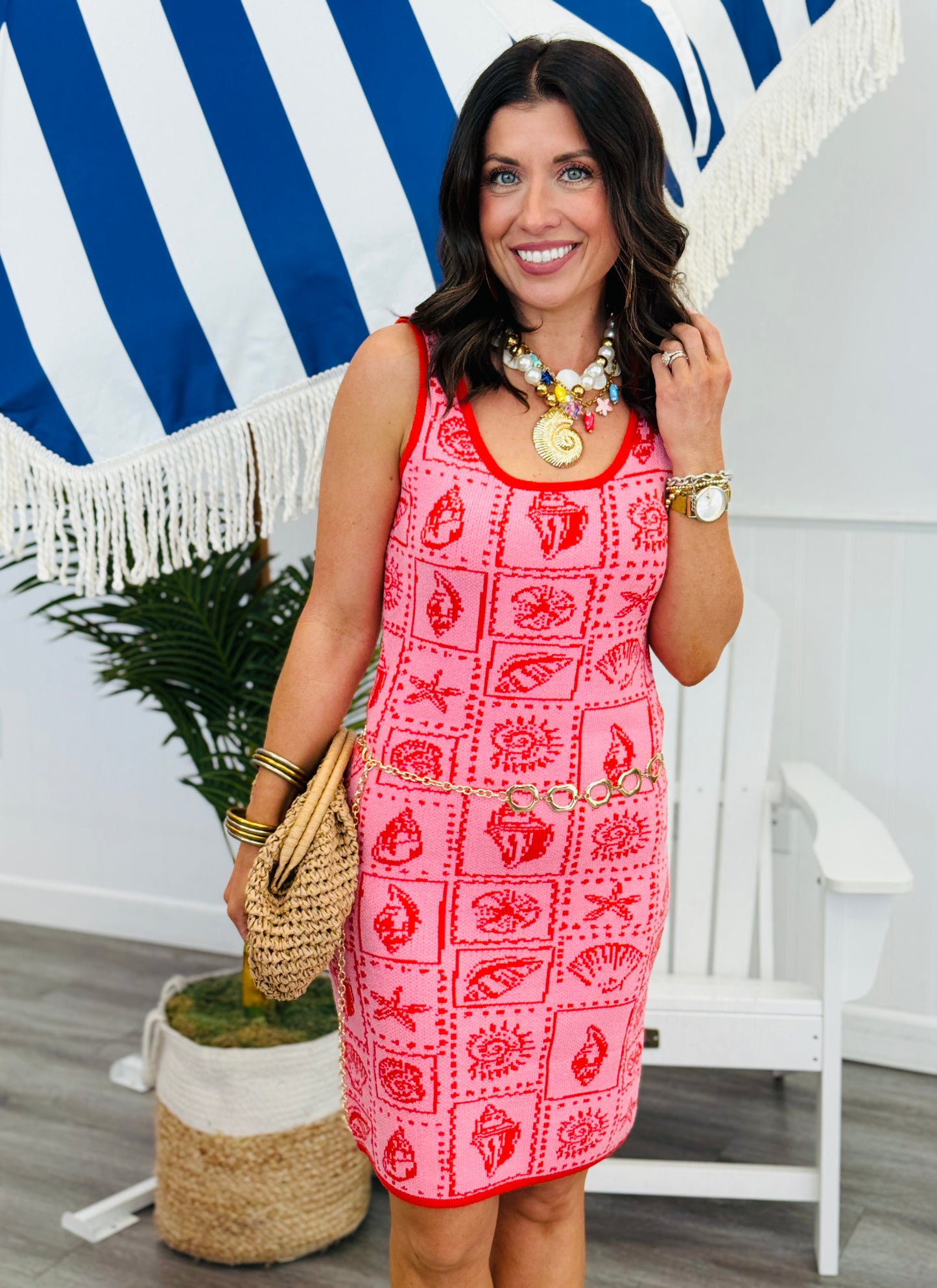 Pink/Red Seashell Themed Knit Mini Dress (Reg & Plus)