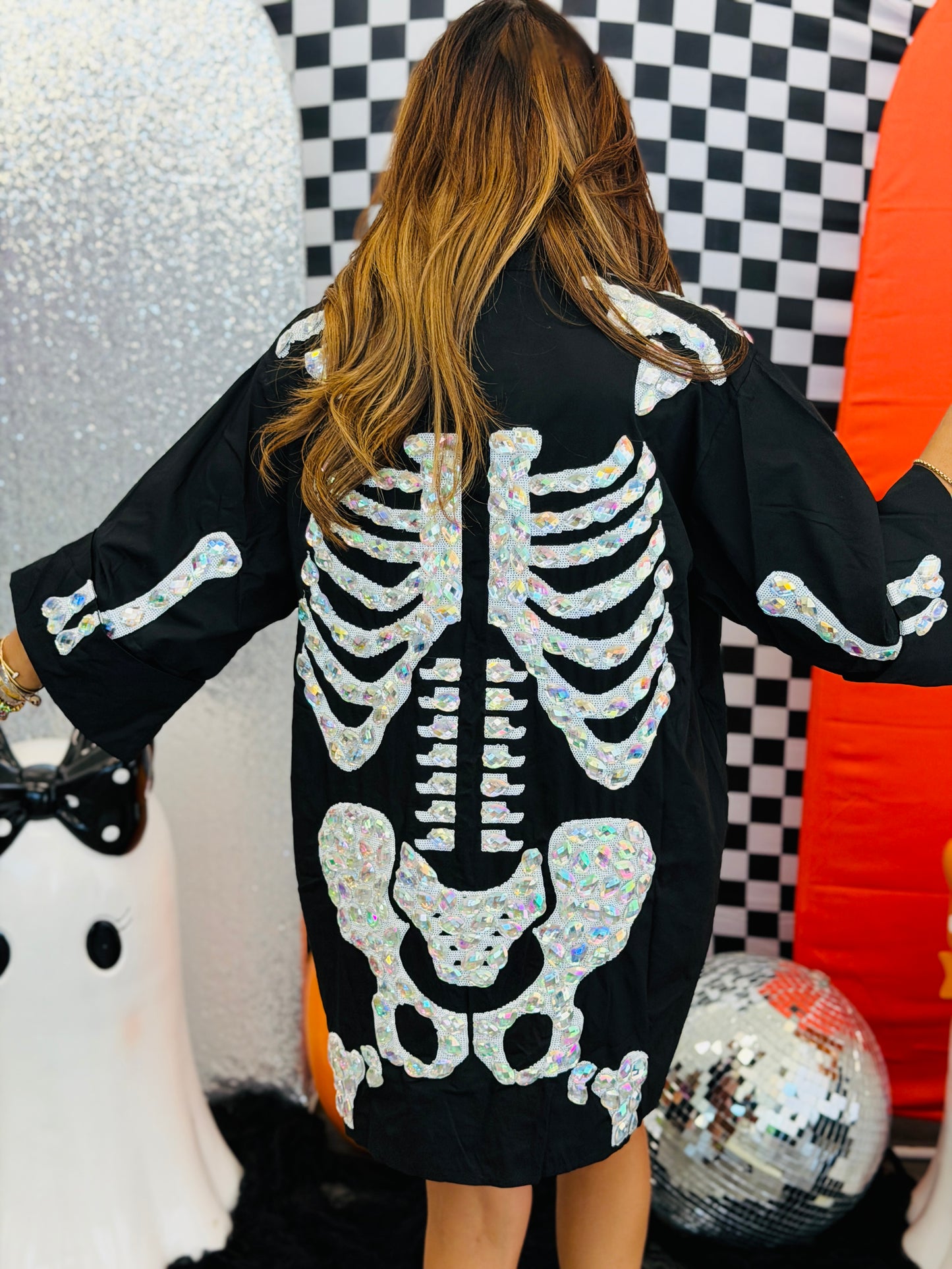 Queen Of Sparkles Black Iridescent Jeweled Skeleton Tunic Top (Reg. and Plus)