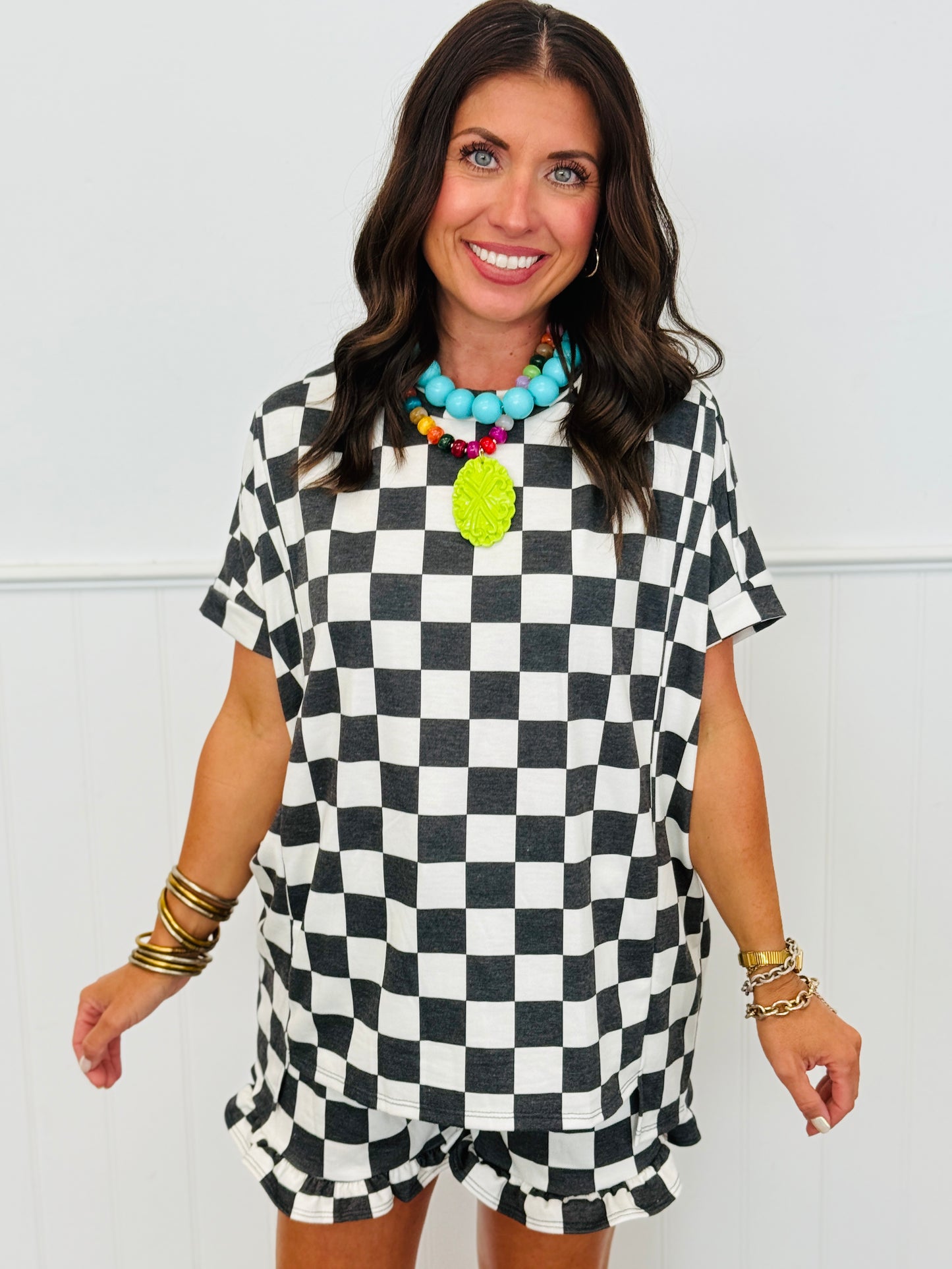 Checkered Print Top & Ruffle Shorts Set (Reg. & Plus) - 4 Colors