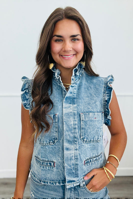 Light Denim Ruffle Detailed Vest (Reg.)