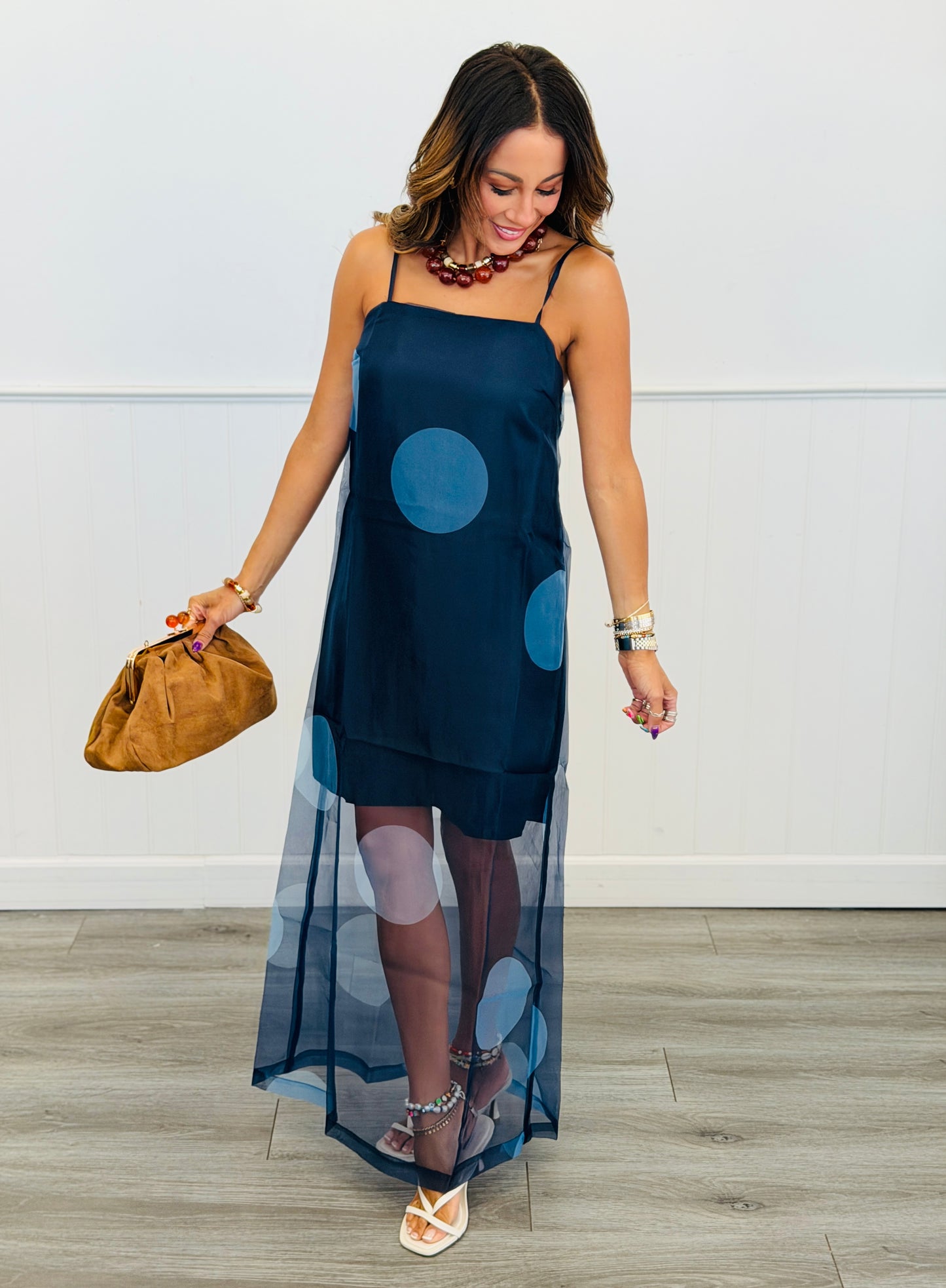 Navy Polka Dot Sheer Overlay Midi Dress (Reg.)