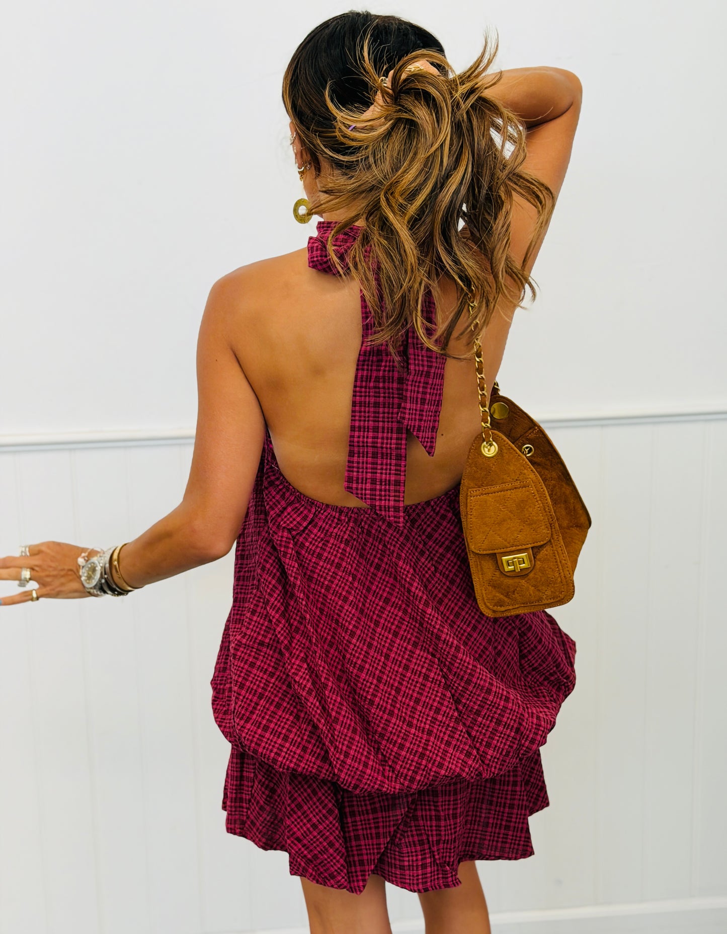 Burgundy Plaid Halter Neck Bubble Mini Dress (Reg.)