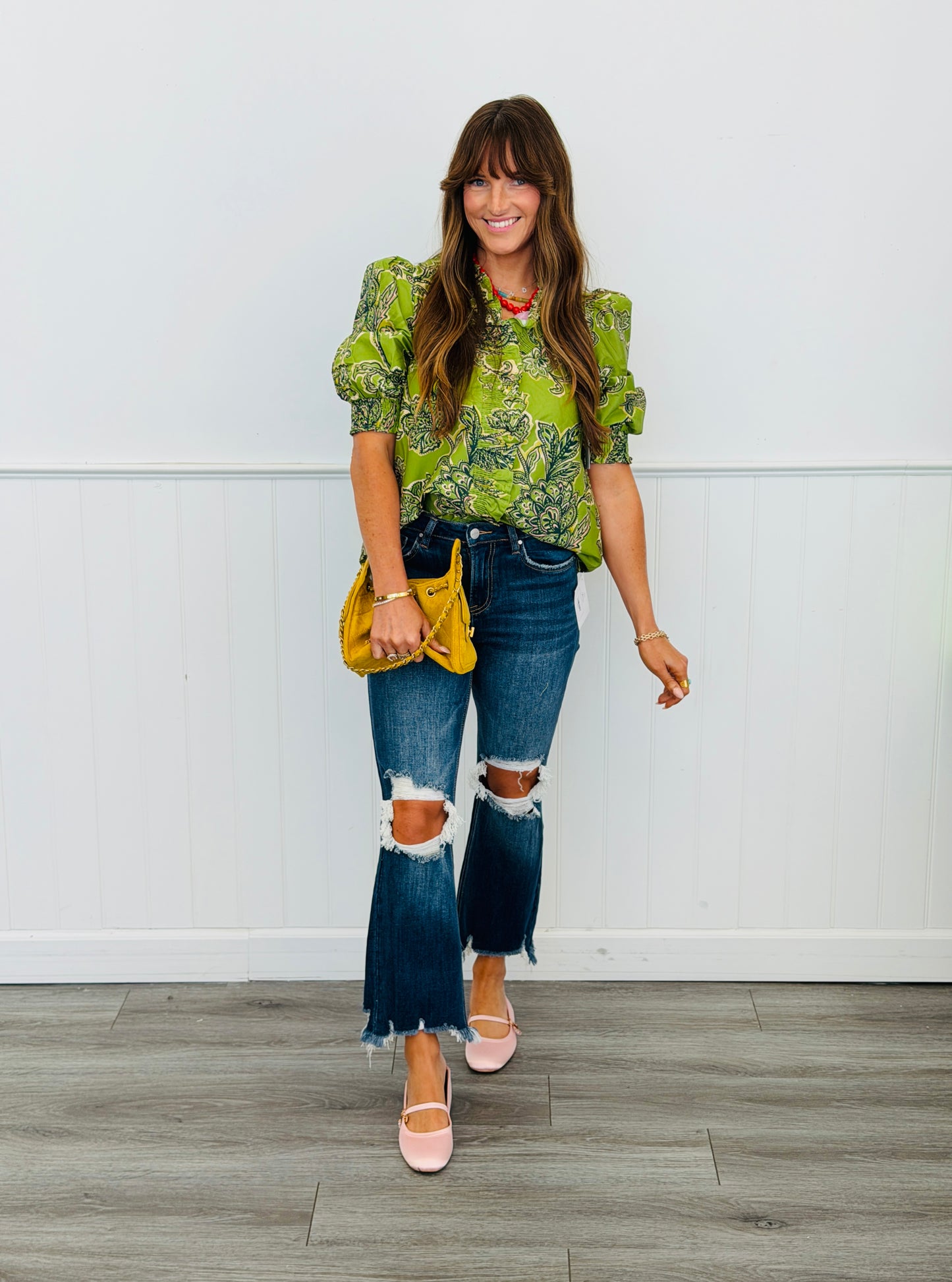 Sage Paisley Ruffle Trim Blouse (Reg & Plus)