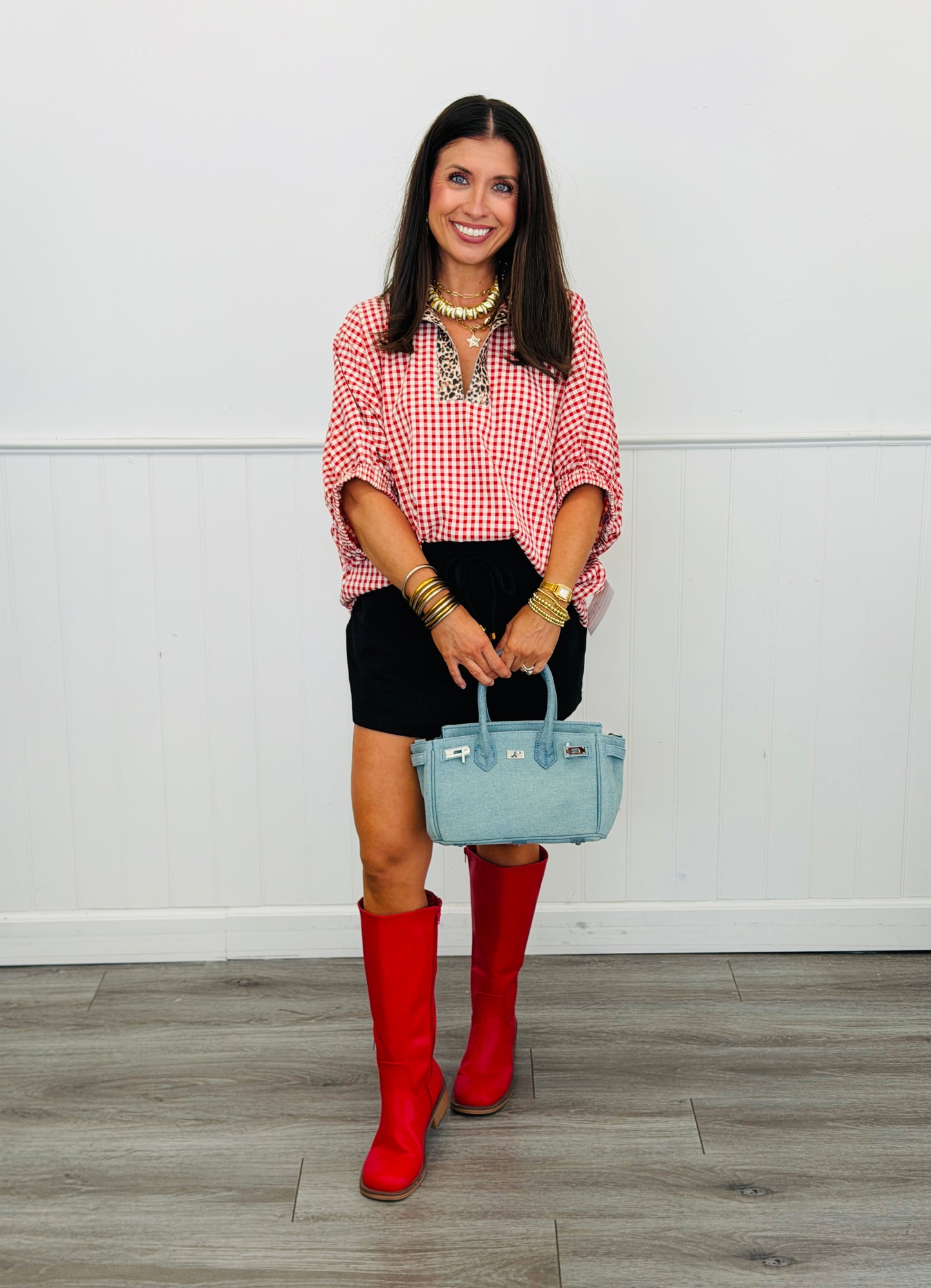 Red Gingham Contrast Leopard Top (Reg & Plus)