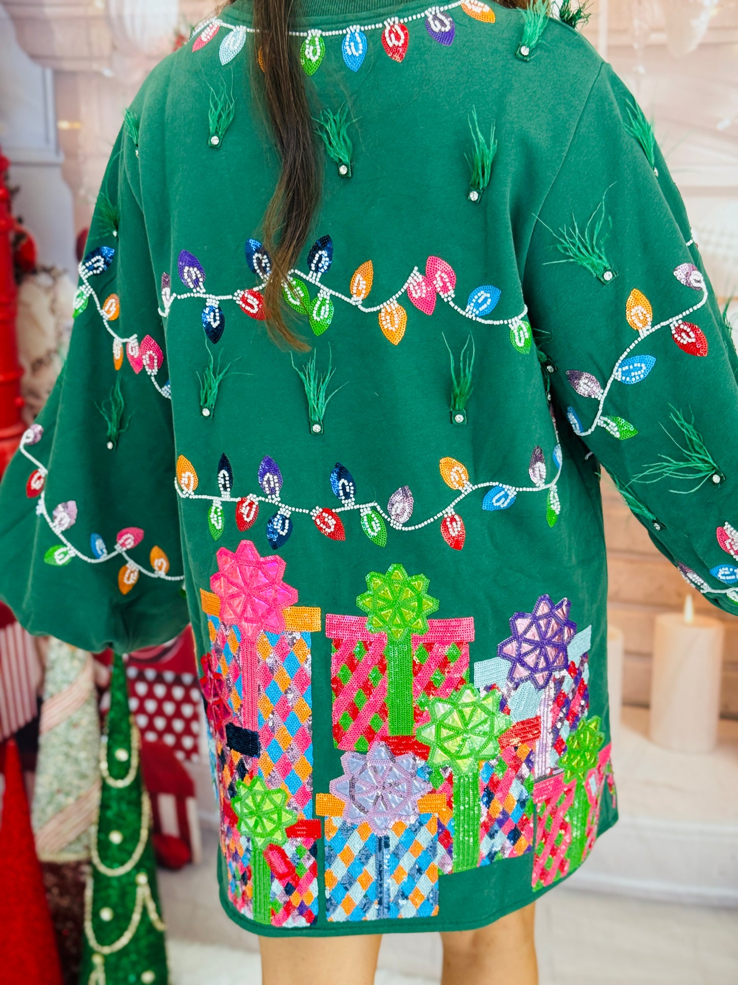 Queen Of Sparkles Green Christmas Lights & Presents Feather Dress (Reg. & Plus)