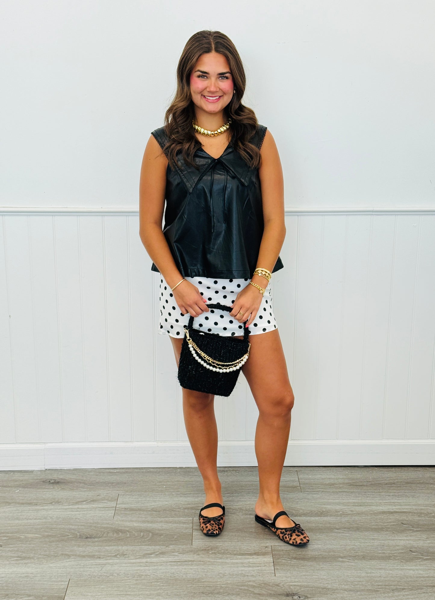 Black Faux Leather Lace Trim Collar Blouse (Reg.)