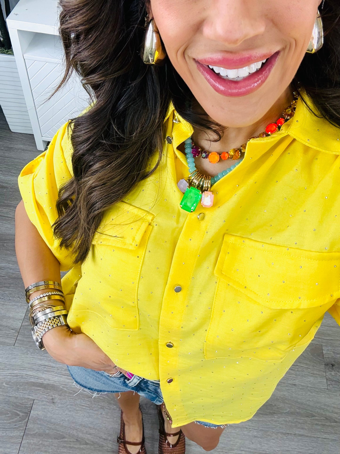 Yellow Rhinestone Button Up Blouse (Reg. and Plus)