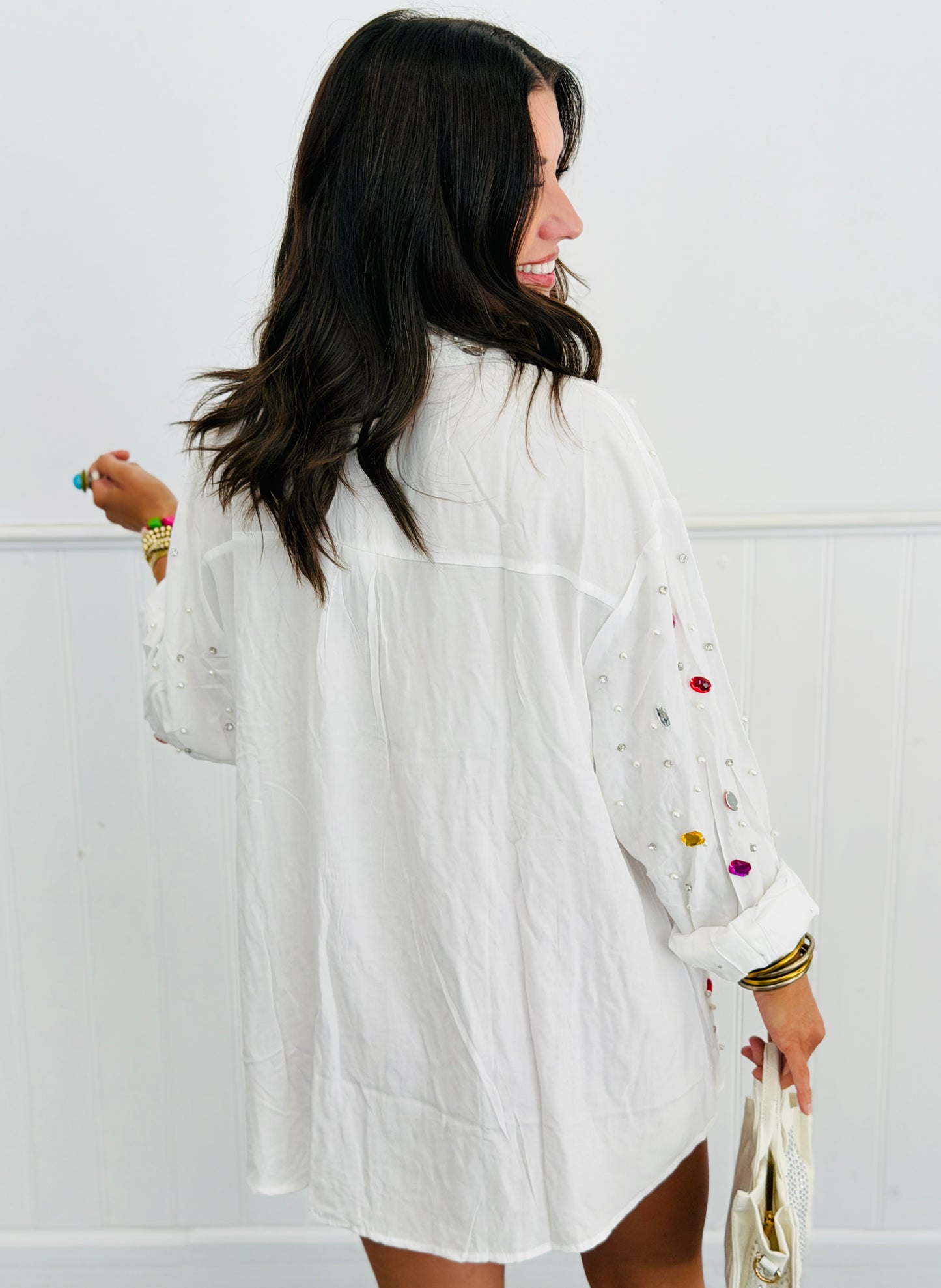 White Multi Embellished Button Up Blouse (One Size)