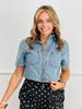 Light Denim Pearl Studded Button Up Top (Reg. and Plus)