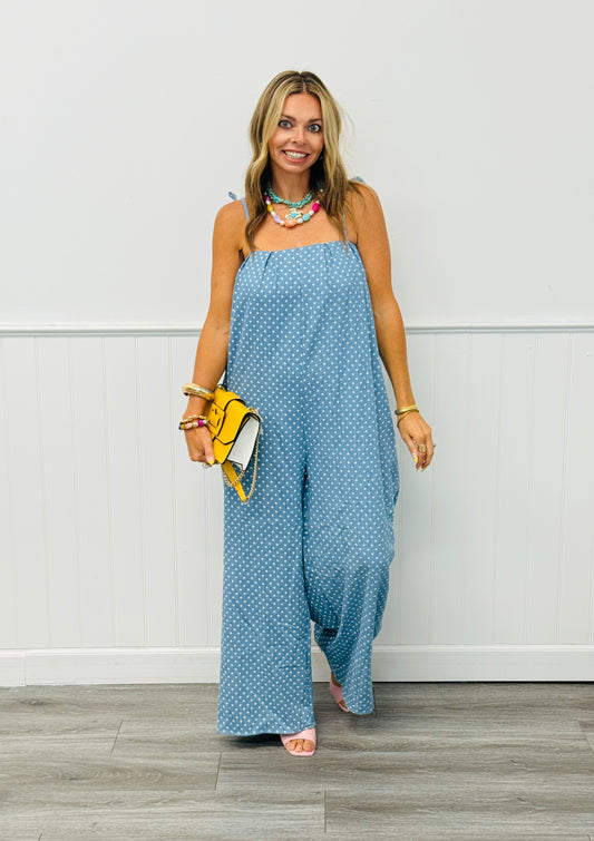 Medium Denim Polka Dot Pleated Jumpsuit (Reg.)