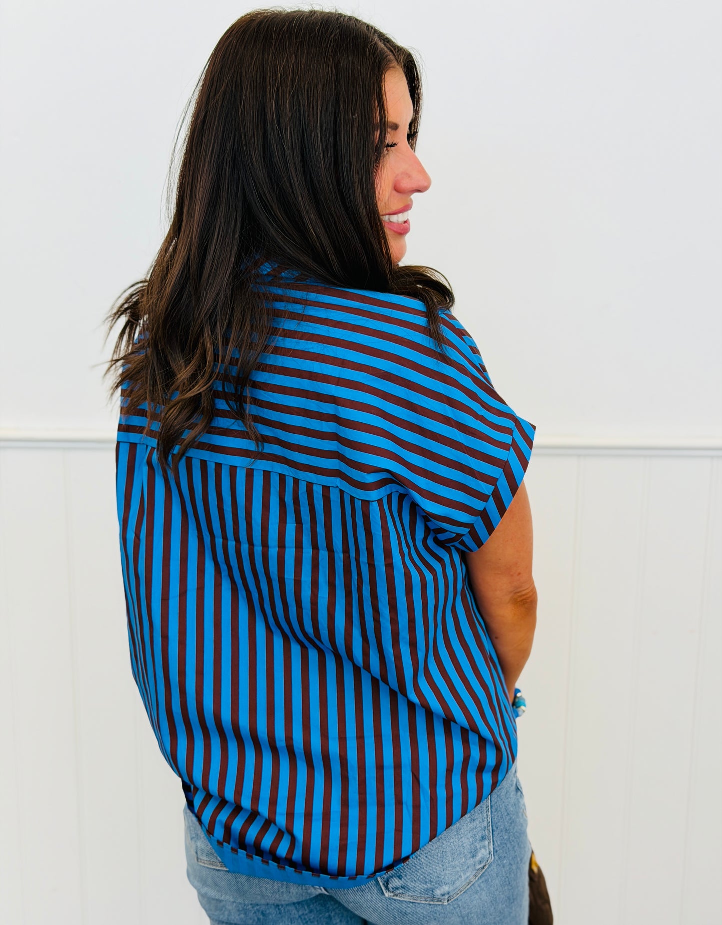Blue Stripe Tie Bow Neck Blouse (Reg.)