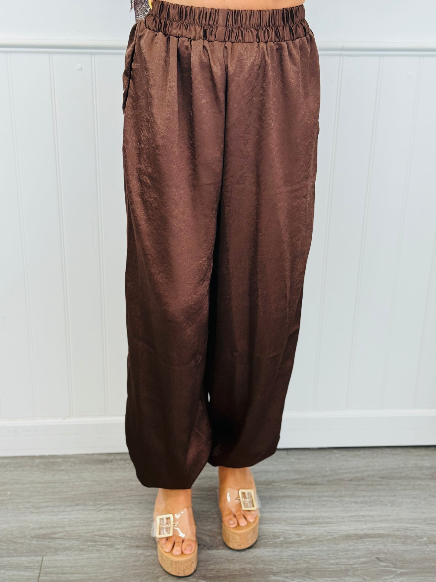 Brown Satin One Shoulder Top & Pants Set (Reg.)