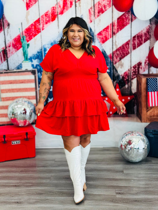 Red Smocked Waist Mini Dress (Reg & Plus)