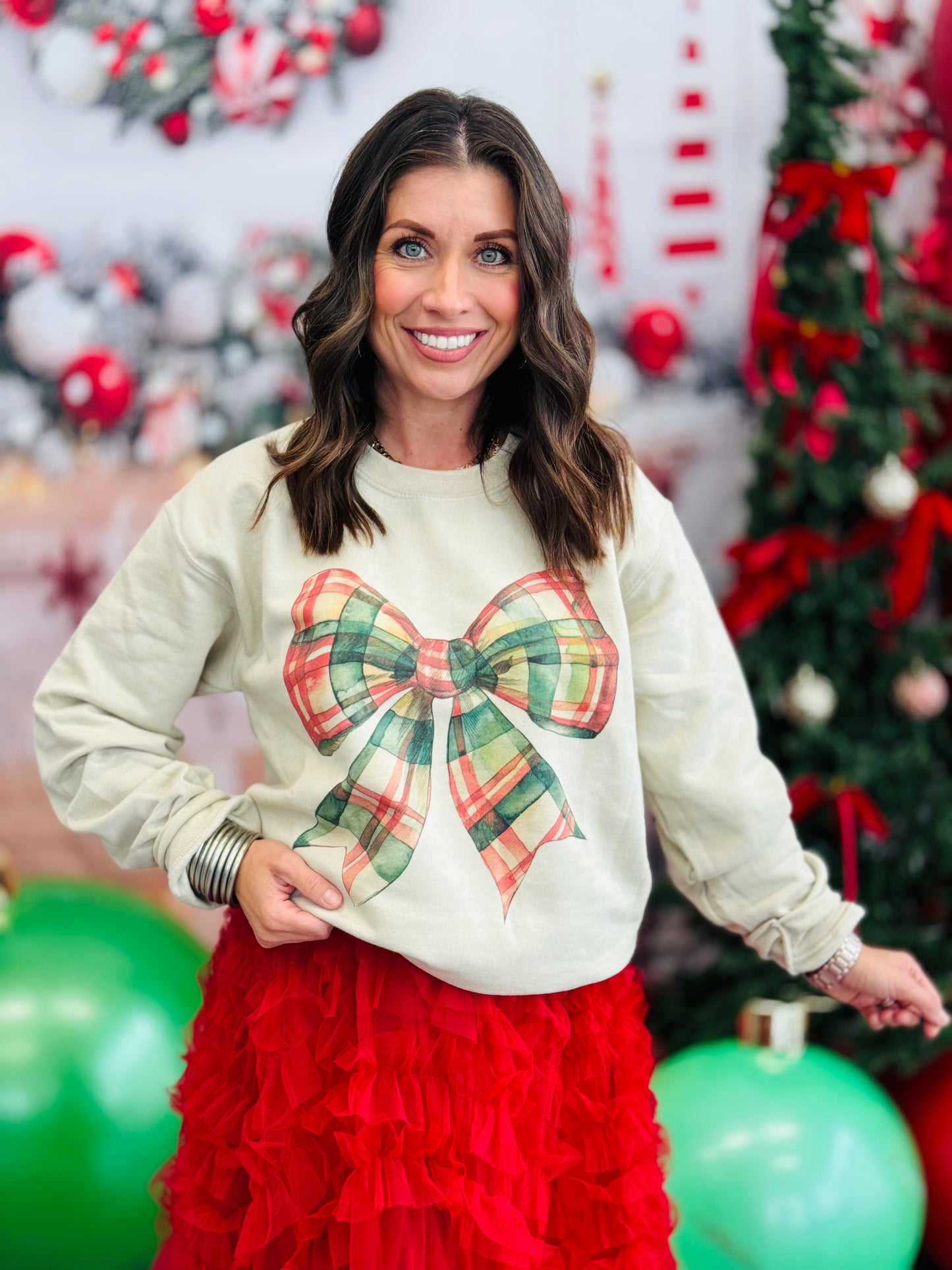 Christmas Plaid Bow Sweatshirt (Reg. and Plus)