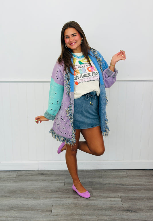 Lavender/Blue Contrast Paisley Cardigan  (Reg & Plus)