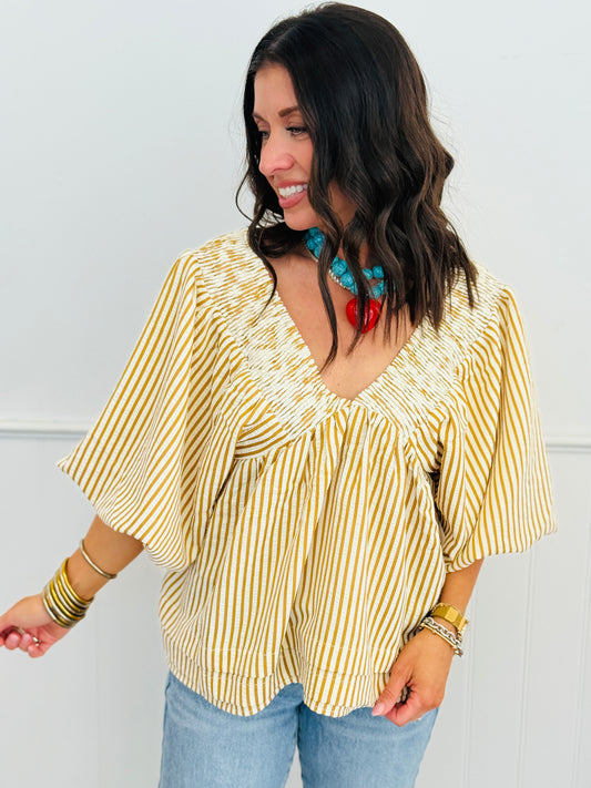 Taupe Combo Striped Bubble Sleeve Blouse (Reg & Plus)