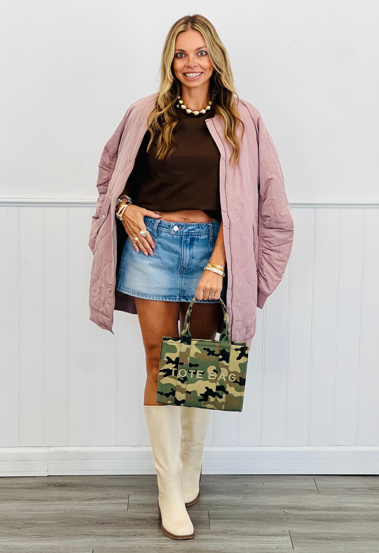 Dusty Rose Quilted Longline Bomber Jacket (Reg.)