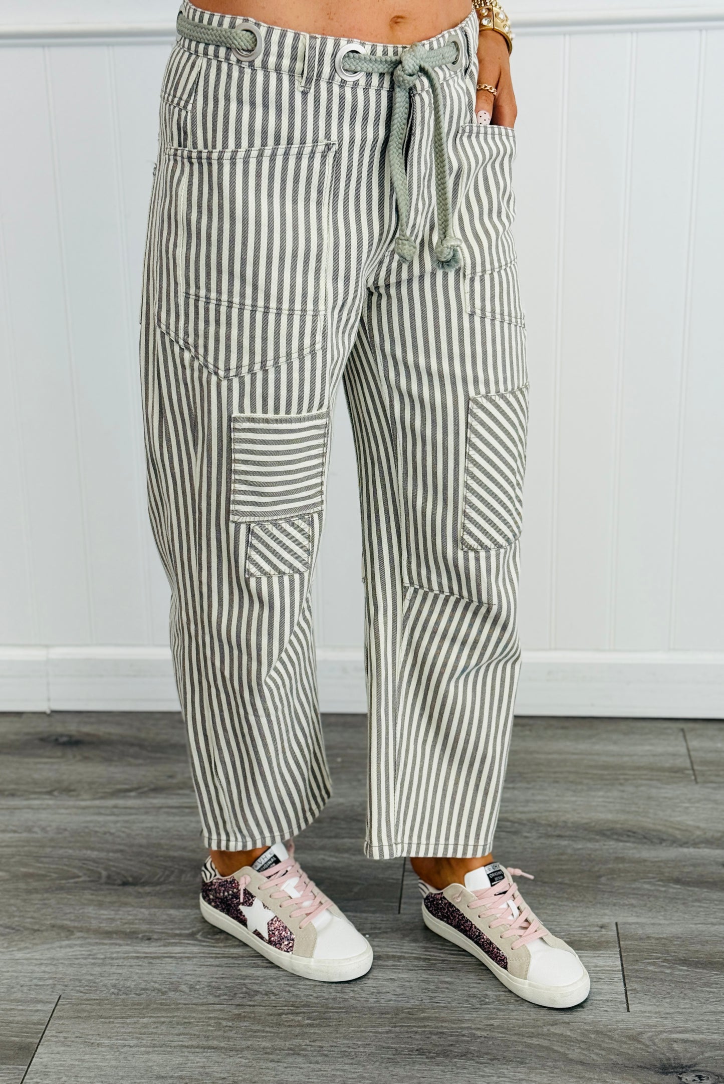 Grey Striped Twill Barrel Pants (Reg & Plus)
