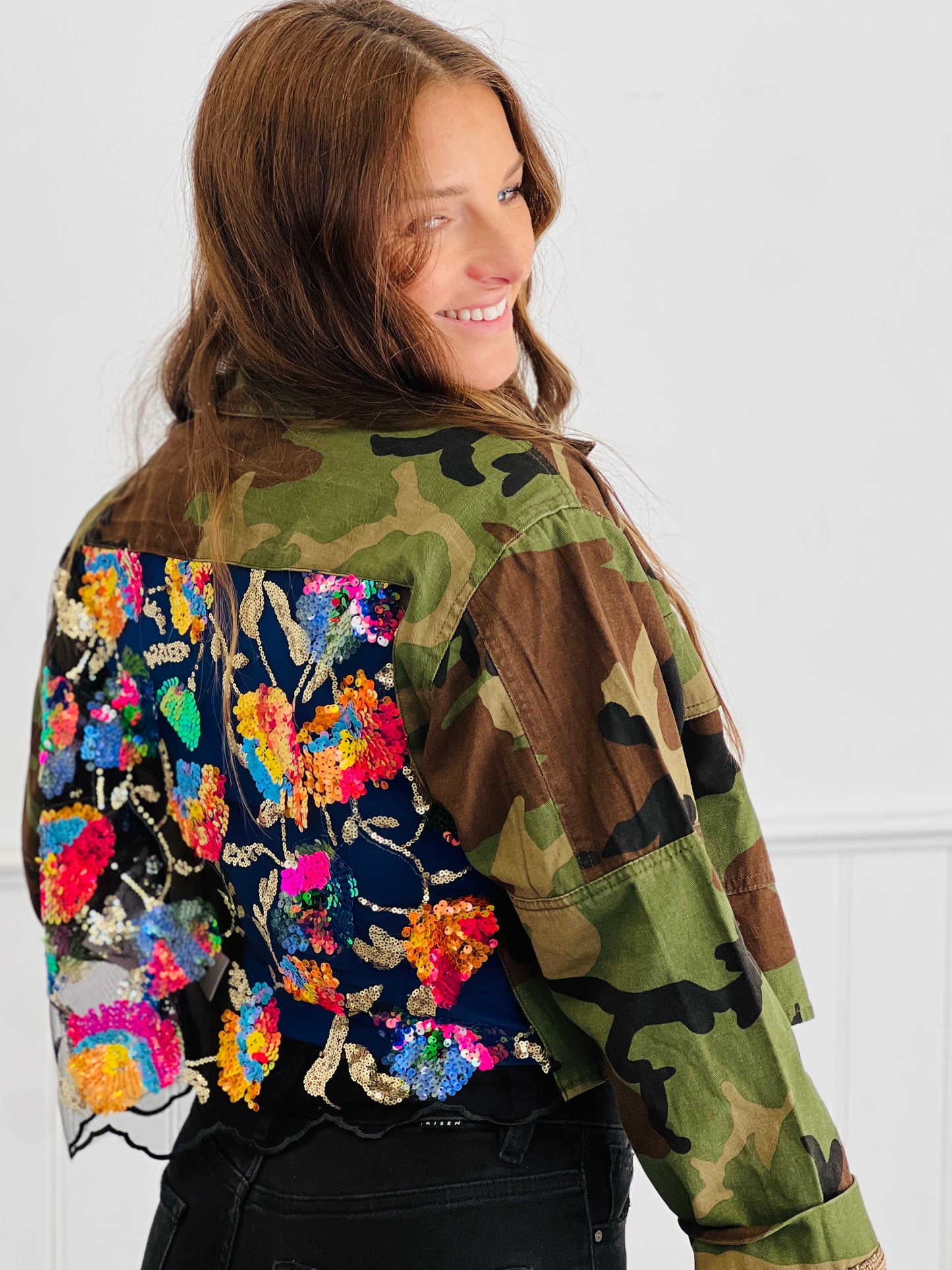 Camo Print Contrast Sequin Jacket (Reg. and Plus)