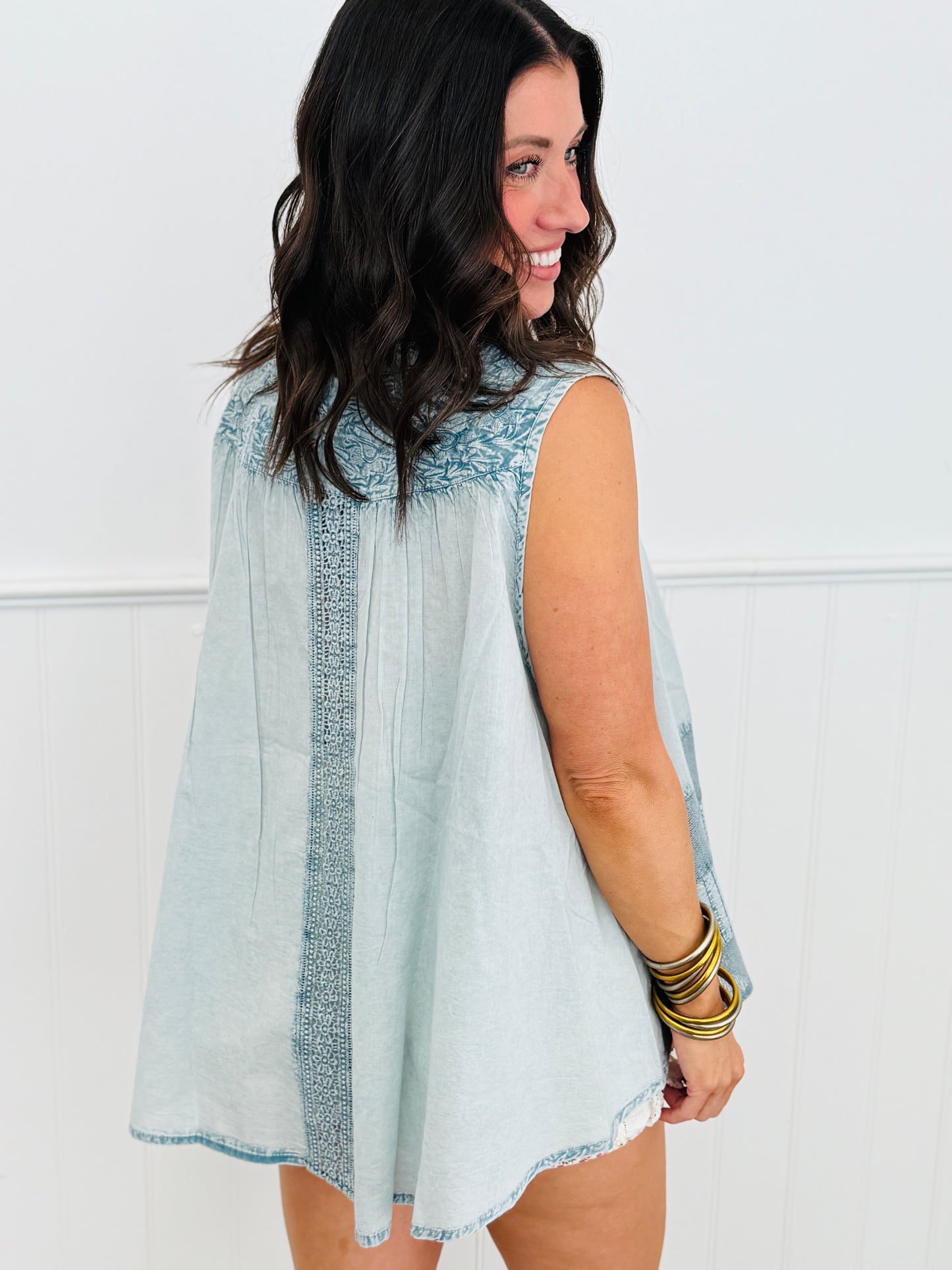 POL  Denim Blue Crochet Contrast Top (Reg.)