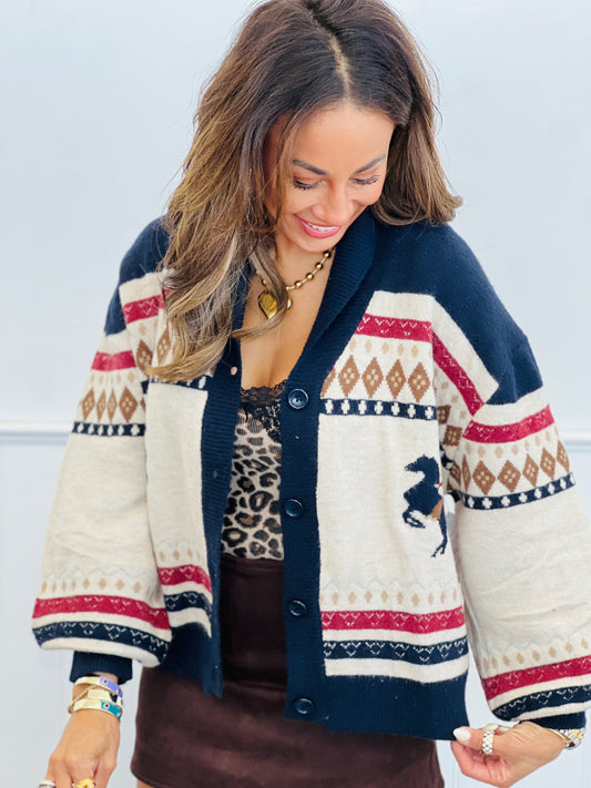 Cream Multi Roping Horse Sweater Cardigan Top (Reg.)
