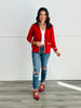 Red Scalloped Trim V-Neck Cardigan (Reg.)