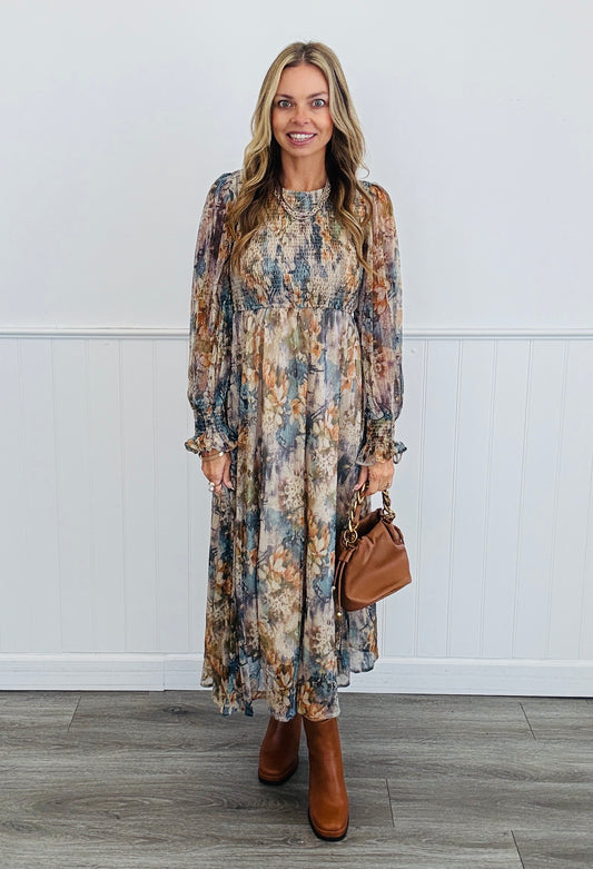 Navy/Gold Long Sleeve Maxi Dress (Reg. and Plus)