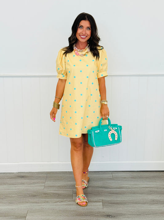 Yellow/Aqua Poplin Polka Dot Mini Dress (Reg.)