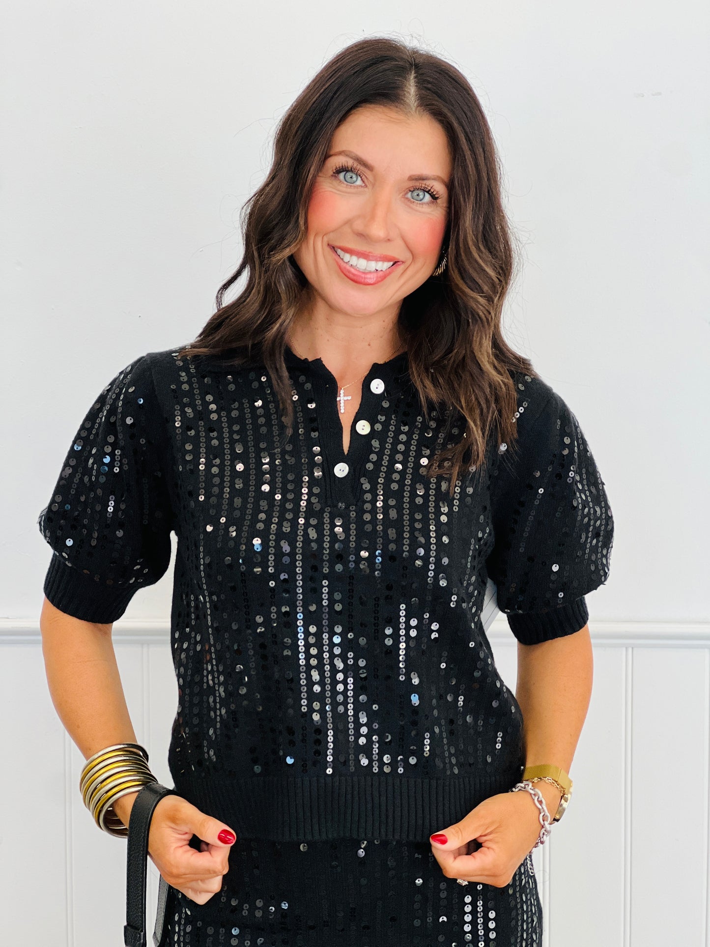 Black Sweater Knit Sequin Top (Reg.)