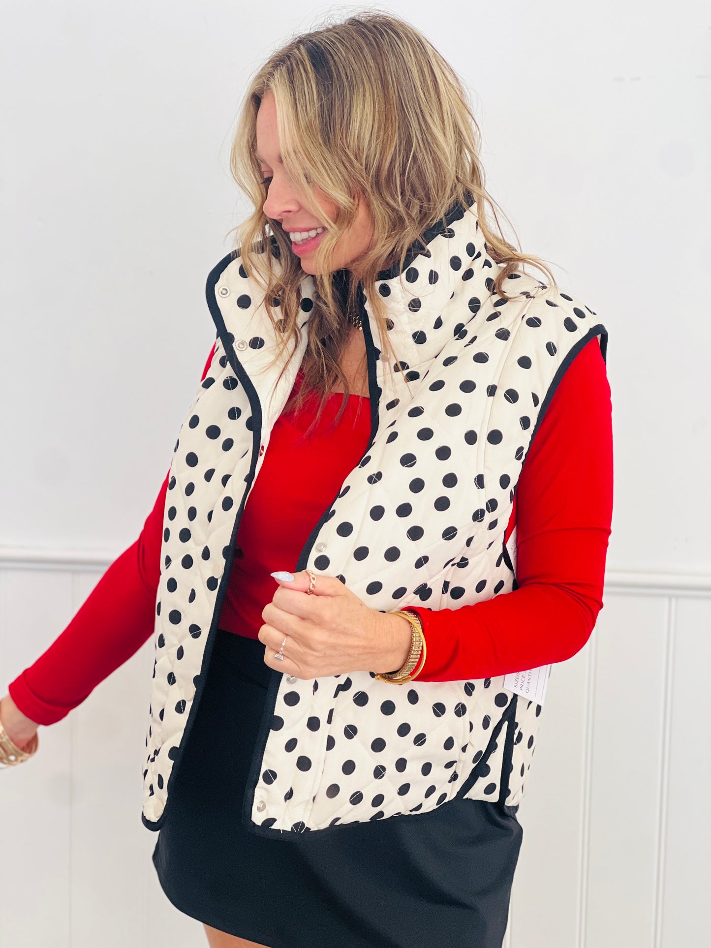 Cream/Black Polka Dot Quilted Snap It Vest (Reg & Plus)