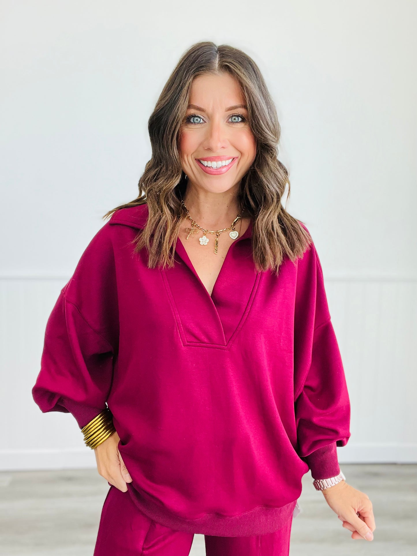 Collard V-Neck Long Sleeve Top (Reg. and Plus) - 4 Colors