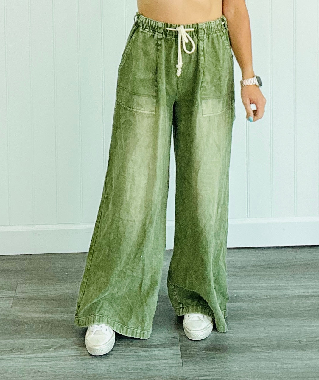 Washed Olive Wide Denim Pants (Reg)