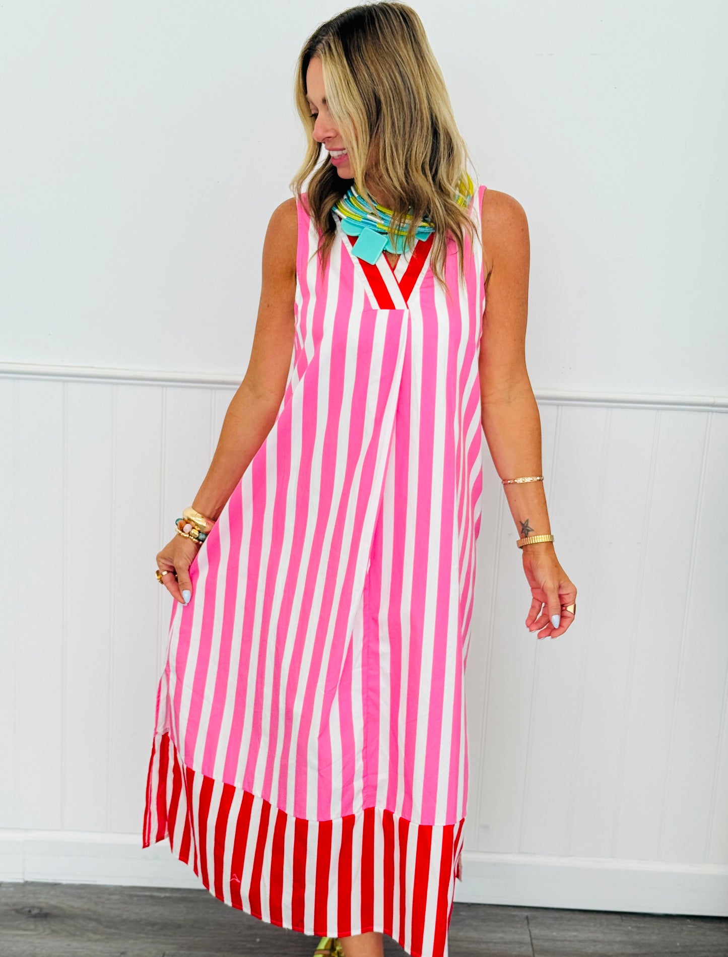 Pink Striped Shift Midi Dress (Reg.)
