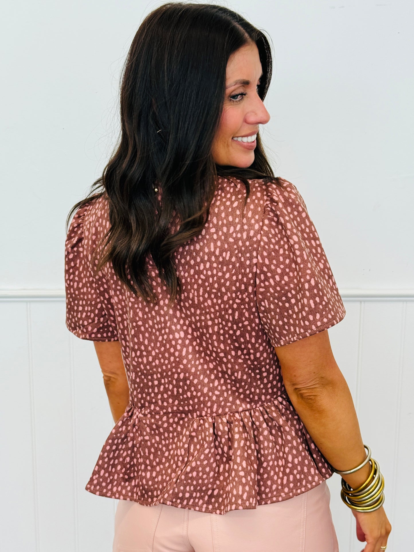 Mocha Pink Spotted Peplum Top (Reg.)