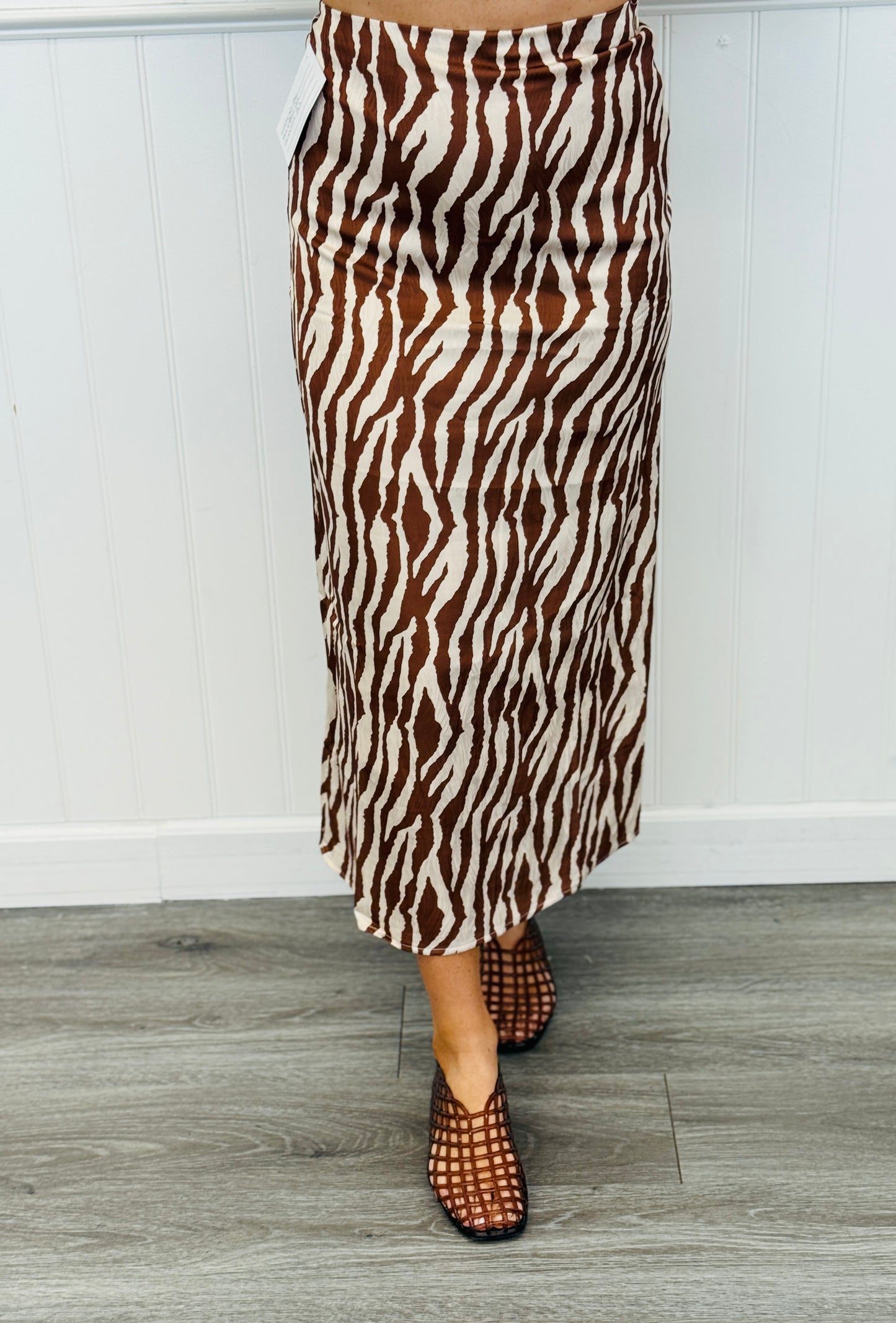 Brown Zebra Print Satin Jacquard Maxi Skirt (Reg & Plus)