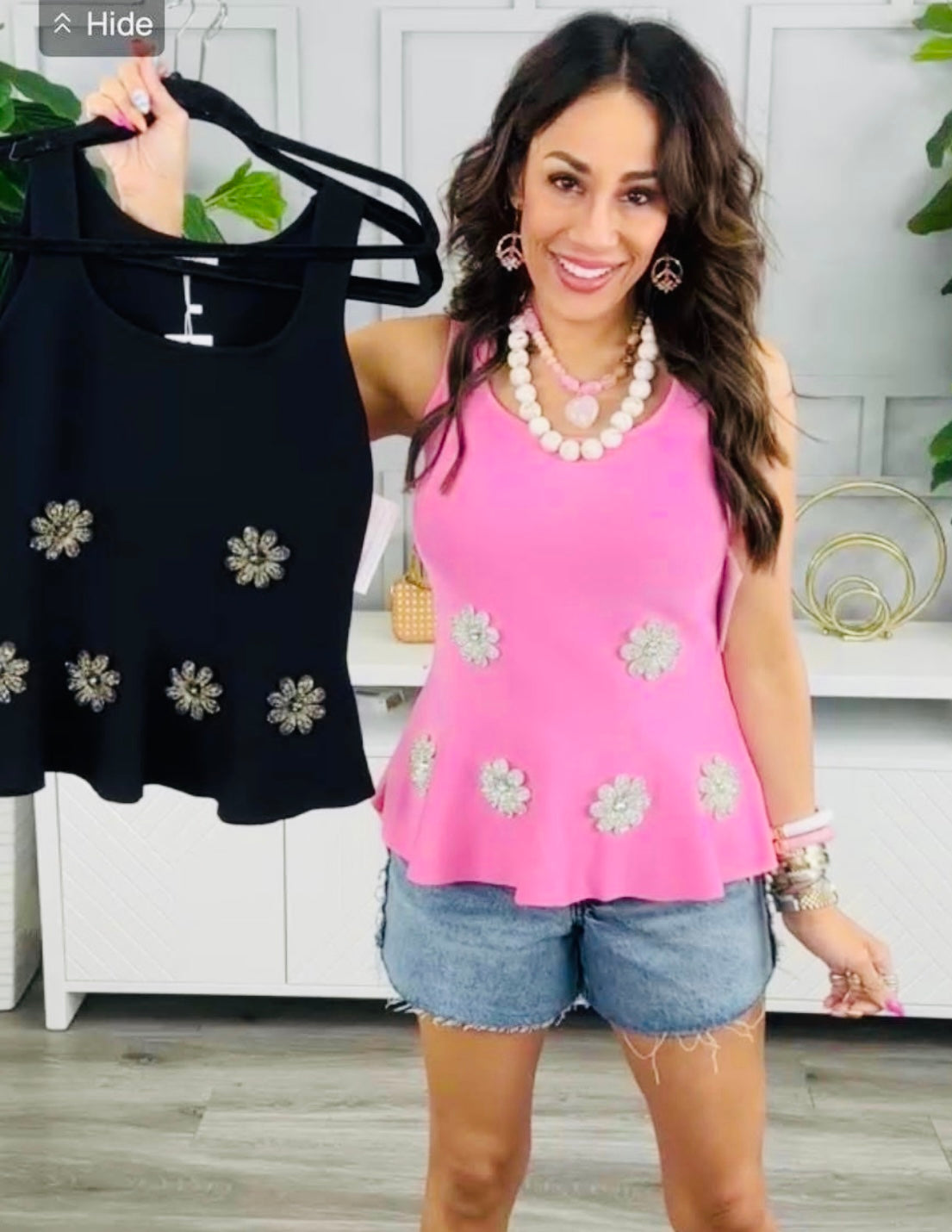 Crystal Flower Applique Peplum Top (One Size)-2 Colors