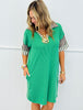 Kelly Green Contrast V-Neck Mini Dress (Reg. and Plus)