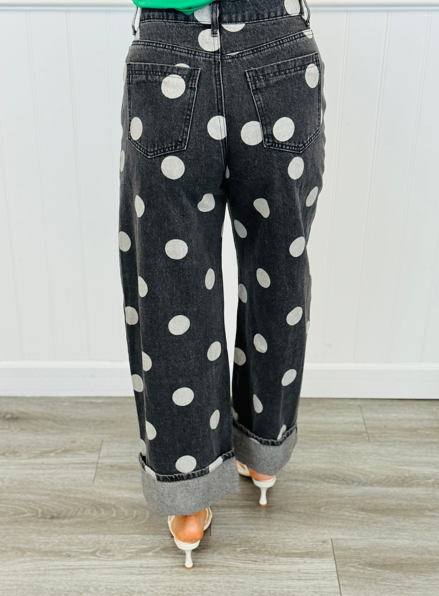 Black Denim Polka Dot Cuffed Barrel Pants (Reg.)