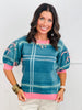 Turquoise Plaid Puff Sleeve Sweater (Reg. and Plus)